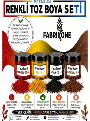 Fabrikone Toz Mum Boyası Seti 10 cc 4’lü – Soya & Parafin Wax Için – Kırmızı, Sarı, Siyah, Kahverengi BKFAB4KSRSKH10G