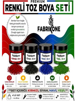 Fabrikone Toz Mum Boyası Seti 10 cc 4’lü – Soya & Parafin Wax Için – Kırmızı, Siyah, Mavi, Yeşil BKFAB4KSMY10G