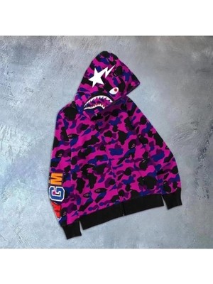 Kesgin Market® Unisex 2 Iplik Bape Kapüşonu Fermuarlı Hırka - Mor Kesginwear
