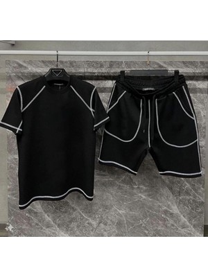 Kesgin Market® Erkek Karoyaka Dikişli Şortlu Alt-Üst Takım - Siyah Kesginwear