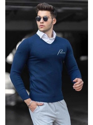 Kesgin Market® Erkek V Yaka Kazak Baskılı Dokuma Triko - Indigo Kesginwear