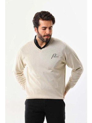 Kesgin Market® Erkek V Yaka Kazak Baskılı Dokuma Triko - Bej Kesginwear