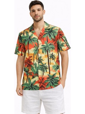 Kesgin Market® Erkek Hawaii Tarz Tropikal Palmiye Desenli Kısa Kol Gömlek Rahat Kalıp Yazlık -