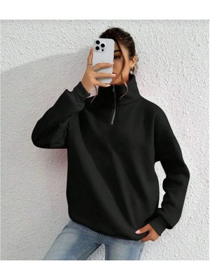 Kesgin Market® Kadın 3 Iplik Pamuklu Uzun Kol Yarım Farmuarlı Yakalı Sweatshirt - Siyah Kesginw