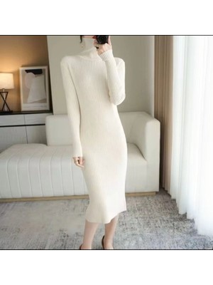 Kesgin Market® Kadın Boğazlı Uzun Fitilli Triko Dokuma Elbise - Beyaz Kesginwear