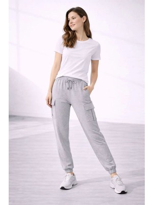Kesgin Market® Kadın Jogger Eşofman Altı Kargo Cepli Lastikli Paça Spor Pantolon - Gri Kesginwe