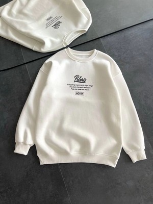 Kesgin Market® Kadın 3 Iplik Pamuklu Bisiklet Yaka Baskılı Sweatshirt - Beyaz Kesginwear