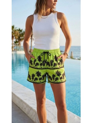 Kesgin Market® Kadın Deniz Şortu Fermuarlı Cepli File Astarlı Hızlı Kuruyan Premium - Neon Ye