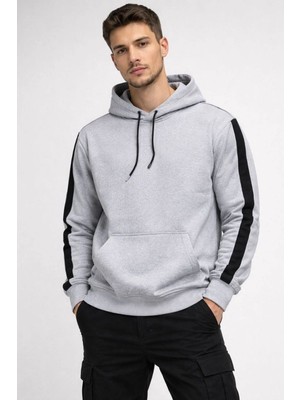 Kesgin Market® Erkek Şeritli Kapüşonlu Oversize Sweatshirt 3 Iplik Pamuklu Hoodie - Beyaz Kesgin