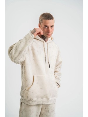 Kesgin Market® Erkek  3 Iplik Pamuklu Oversize Kapşonlu Yıkamalı Sweatshirt Hoodie - Krem Kesgin