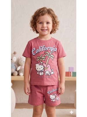Hello Kitty ve My Melody Baskılı Kız Çocuk Pembe Şortlu Takım - California Temalı Pamuklu Yazlık Set
