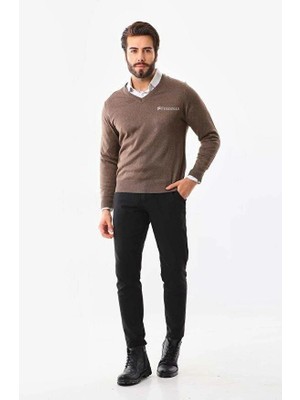 Kesgin Market® Erkek V Yaka Kazak Baskılı Dokuma Triko - Kahve Kesginwear