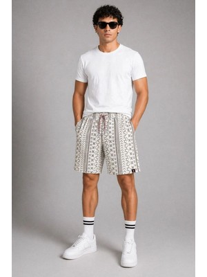 Kesgin Market® Erkek Dokuma Şort Etnik Desenli Lastikli Bağcıklı Bel Cepli Yazlık Rahat - Bej