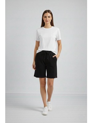 Kesgin Market® Kadın Dokuma Otoban Şort Beli Lastikli Bağcıklı Cepli Kesim Şort - Siyah Kesgi