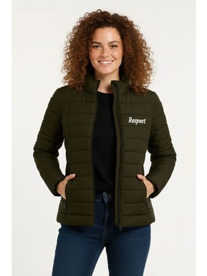 Kesgin Market® Kadın Mikro Su Itici Kapitone Baskılı Astarlı Fermuarlı Bomber Mont - Haki Kes