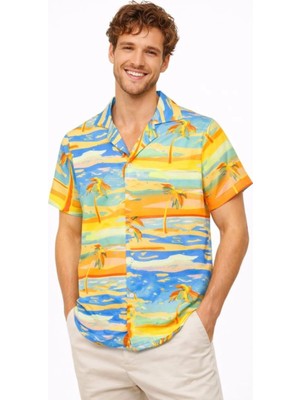 Kesgin Market® Erkek Tropikal Palmiye Desenli Kısa Kol Gömlek Yazlık Beach Tarz Rahat Kalıp - D