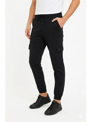 Kesgin Market® Erkek Siyah Jogger Eşofman Altı Kalıp Kargo Cepli Lastikli Paça Spor Pantolon -
