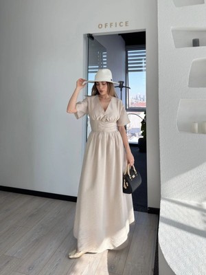 Kesgin Market® Kadın Kısa Kollu Uzun Elbise - Kırık Beyaz Kesginwear