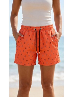 Kesgin Market® Kadın Deniz Şortu Fermuarlı Cepli File Astarlı Hızlı Kuruyan Premium - Turuncu