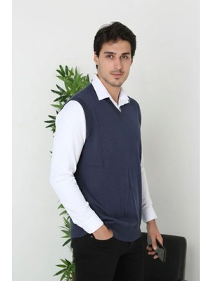 Kesgin Market® Erkek V Yaka Kolsuz Süveter Triko Yumuşak Dokulu Ince Yelek - Lacivert Kesginwear