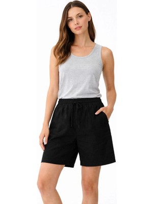 Kesgin Market® Kadın Keten Kumaş Cepli Rahat Kesim Bel Lastikli Şort - Siyah Kesginwear
