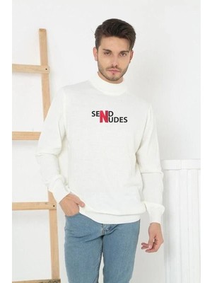 Kesgin Market® Erkek Yarım Bağazlı Kazak Baskılı Dokuma Triko - Beyaz Kesginwear