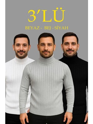 Kesgin Market® Erkek Fitilli Kazak Tam Boğazlı Balıkçı Yaka Triko 3'lü Set Beyaz-Gri-Siyah Ke