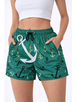 Kesgin Market® Kadın Deniz Şortu Fermuarlı Cepli File Astarlı Hızlı Kuruyan Premium - Su Yeş