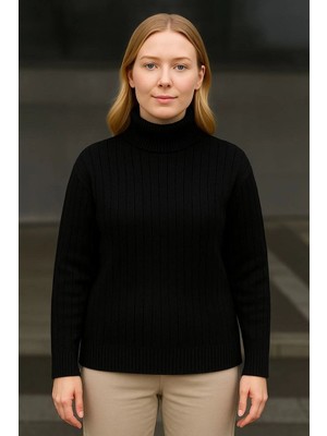 Kesgin Market® Kadın Tam Boğazlı Balıkçı Yaka Triko Kazak Kalın Fitilli - Siyah Kesginwear