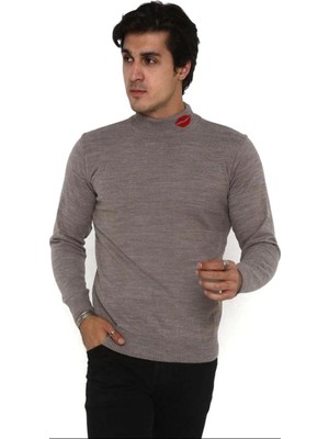 Kesgin Market® Erkek Yarım Bağazlı Kazak Öpücük Baskılı Dokuma Triko - Vizon Kesginwear