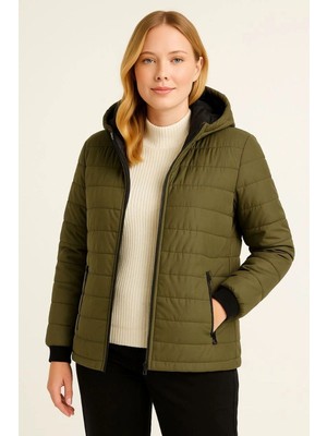 Kesgin Market® Kadın Şişme Kapüşonlu Fermuarlı Mont Su Itici Kapitone Cepli Ceket - Haki Kesg