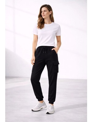 Kesgin Market® Kadın Jogger Eşofman Altı Kargo Cepli Lastikli Paça Spor Pantolon - Siyah Kesgin