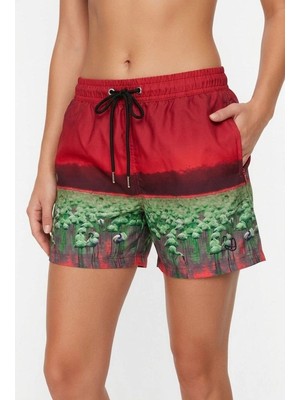 Kesgin Market® Kadın Deniz Şortu Fermuarlı Cepli File Astarlı Hızlı Kuruyan Premium - Kırmı