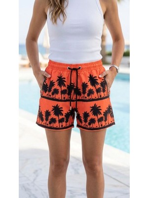 Kesgin Market® Kadın Deniz Şortu Fermuarlı Cepli File Astarlı Hızlı Kuruyan Premium - Turuncu