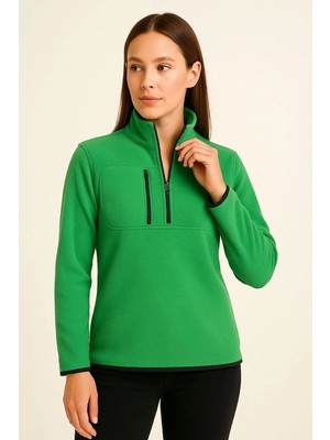 Kesgin Market® Kadın Polar Kazak Dik Yaka Yarım Fermuarlı Fermuarlı Göğüs Cepli Siyah Biyeli