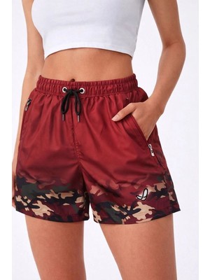 Kesgin Market® Kadın Deniz Şortu Fermuarlı Cepli File Astarlı Hızlı Kuruyan Premium - Bordo K