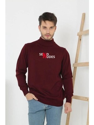 Kesgin Market® Erkek Yarım Bağazlı Kazak Baskılı Dokuma Triko - Bordo Kesginwear