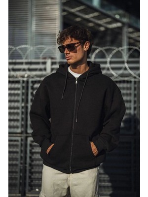 Kesgin Market® Erkek Tam Fermuarlı Cepli Kapüşonlu 3 Iplik Pamuklu Hoodie Sweatshirt - Siyah Kes