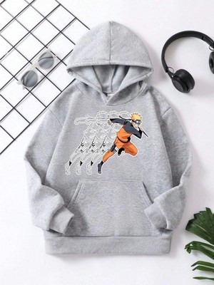 Kesgin Market® Çocuk Unisex Kapüşonlu Naruto Baskılı Pamuklu Sweatshirt - Gri Kesginwear