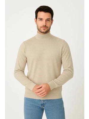 Kesgin Market® Erkek Yarım Boğaz Triko Yumuşak Dokulu Pamuklu Uzun Kollu Kazak - Bej Kesginwear
