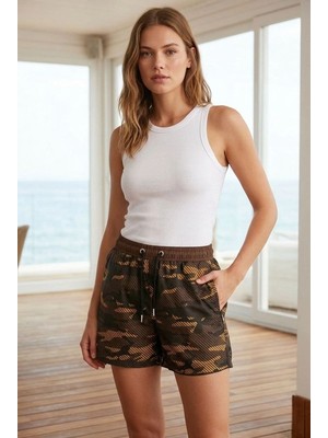 Kesgin Market® Kadın Deniz Şortu Fermuarlı Cepli File Astarlı Hızlı Kuruyan Premium - Kahvere