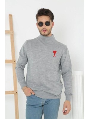 Kesgin Market® Erkek Yarım Bağazlı Kazak Baskılı Dokuma Triko - Gri Kesginwear