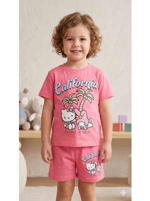 Hello Kitty ve My Melody Baskılı Kız Çocuk Pembe Şortlu Takım - California Temalı Pamuklu Yazlık Set