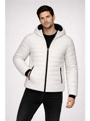 Kesgin Market® Erkek Şişme Kapüşonlu Fermuarlı Mont Su Itici Kapitone Cepli Ceket - Krem Kesg