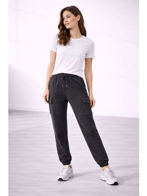 Kesgin Market® Kadın Jogger Eşofman Altı Kargo Cepli Lastikli Paça Spor Pantolon - Füme Kesgin