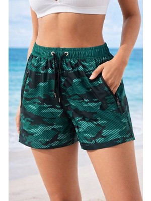 Kesgin Market® Kadın Deniz Şortu Fermuarlı Cepli File Astarlı Hızlı Kuruyan Premium - Su Yeş