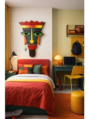 Zesiba Kral Modern Renkli Soyut Maske Ahşap Duvar Dekoru 50X25 cm Ev, Kafe ve Oda Dekorasyonu