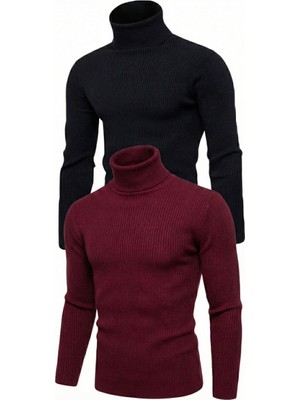 Kesgin Market® Erkek Kaşkorse Boğazlı Likralı Fitilli Slim Fit Body 2'li Set Siyah-Bordo Kesgin