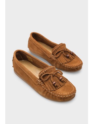 Capone Outfitters Almire Hakiki Deri Süet Boncuklu Püsküllü Konfor Kadın Loafer Ayakkabı