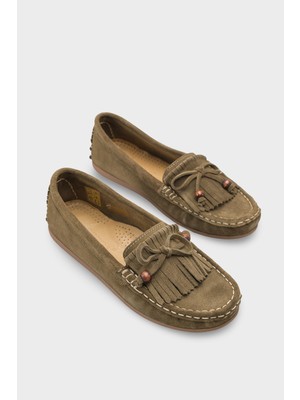 Capone Outfitters Almire Hakiki Deri Süet Boncuklu Püsküllü Konfor Kadın Loafer Ayakkabı